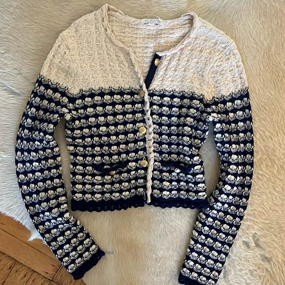 J. Crew Blue and Cream Cardigan Sweater